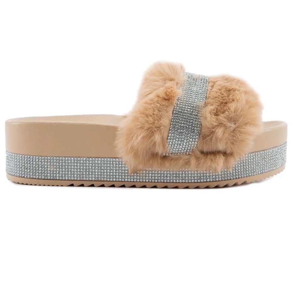 BAMBOO Tan Faux Fur Slippers with Silver Accents
